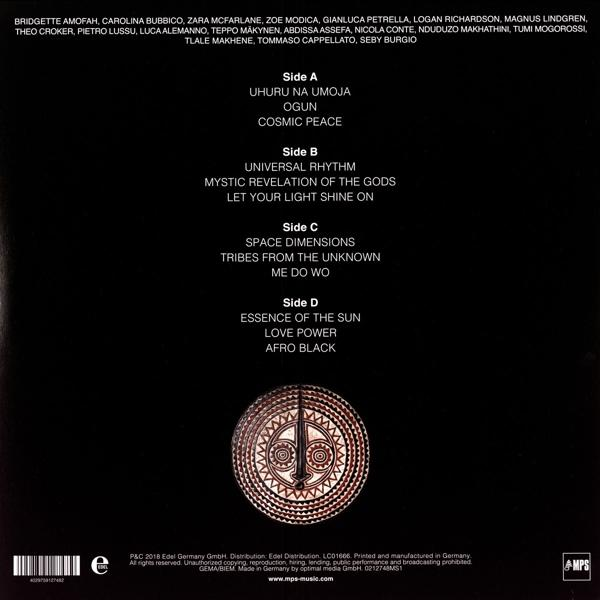 Vinyl-Schallplattenalbum mit Titelliste und Künstlernamen auf schwarzem Hintergrund.