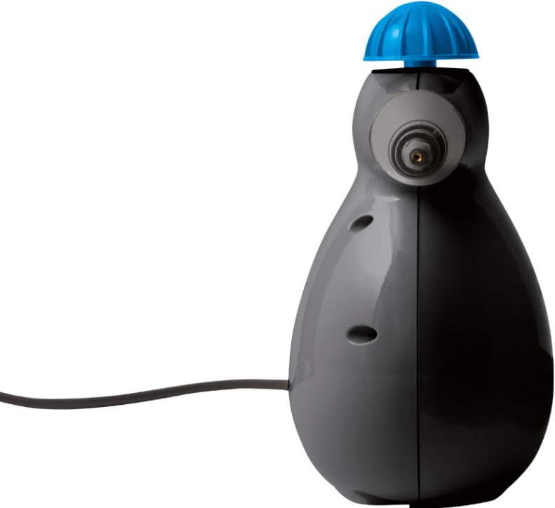 Een grijs apparaat dat op een pinguïn lijkt, met een blauwe dop. Het heeft een netsnoer en een mondstuk.