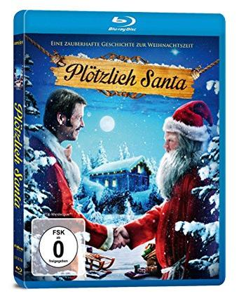Ein Filmcover mit zwei Männern, die sich vor einem Winterhintergrund die Hand schütteln. Titel: Plötzlich Santa.