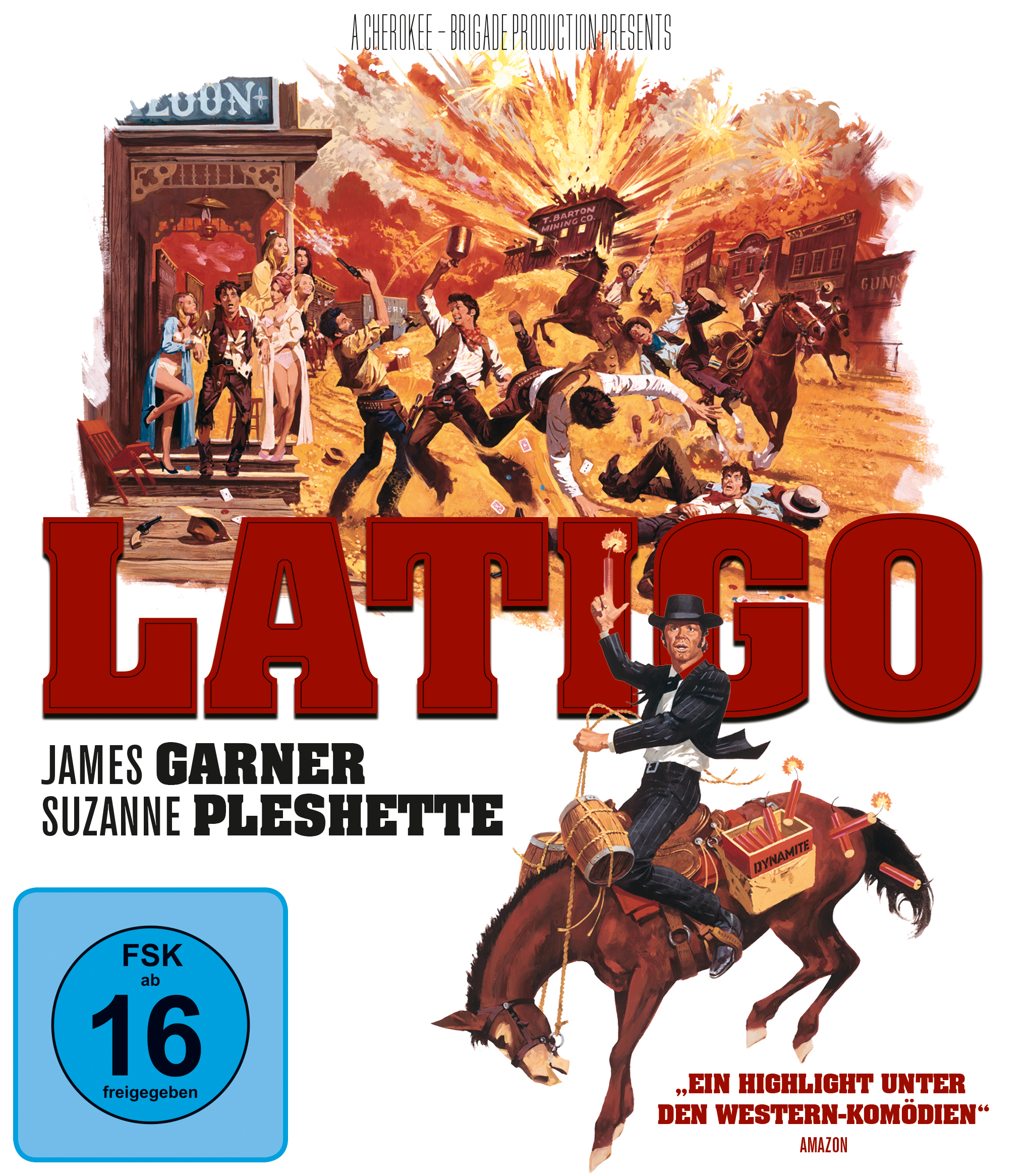 DVD-Cover für den Film Latigo. Western-Thema. Cowboys, Saloon und dramatische Bilder. FSK 16.