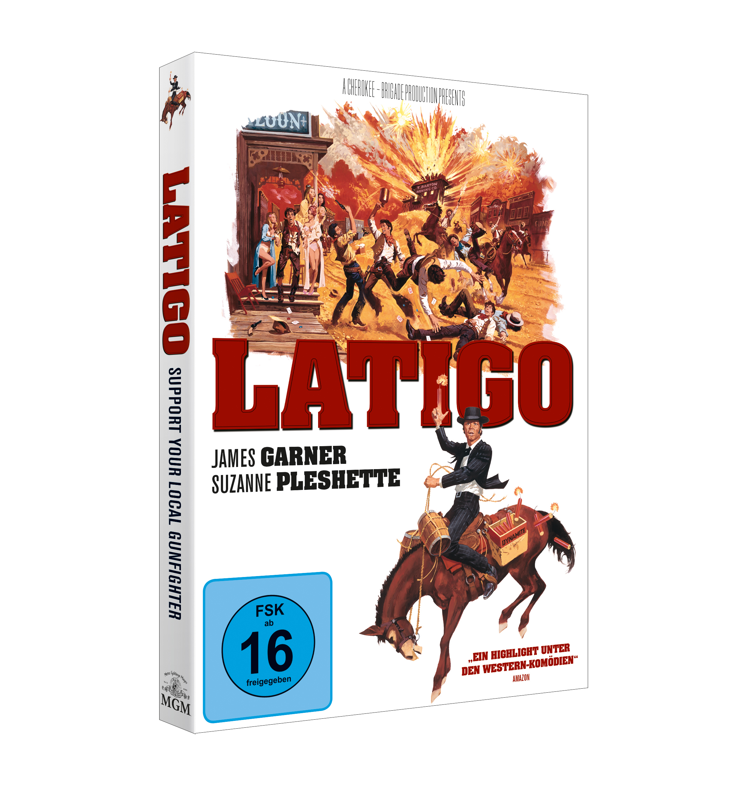 DVD-Hülle für den Film Latigo. Bild eines Cowboys auf einem Pferd. Weißes und schwarzes Case.