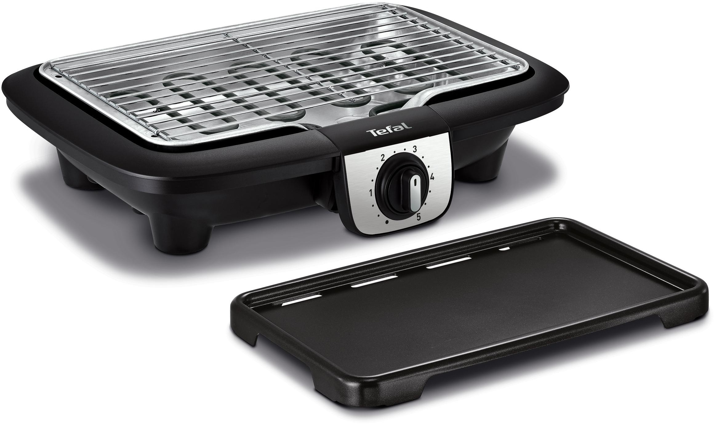 Black electric grill with a silver grill top, and a removable tray. A dial on the front.