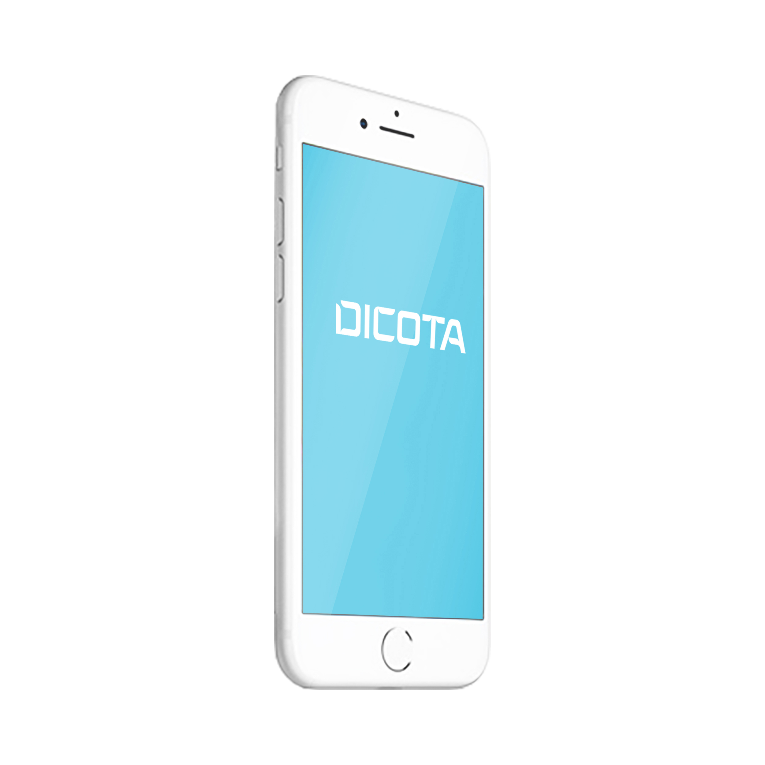Ein weißes Smartphone mit blauem Bildschirm, auf dem "DICOTA" und eine Kamera angezeigt werden.