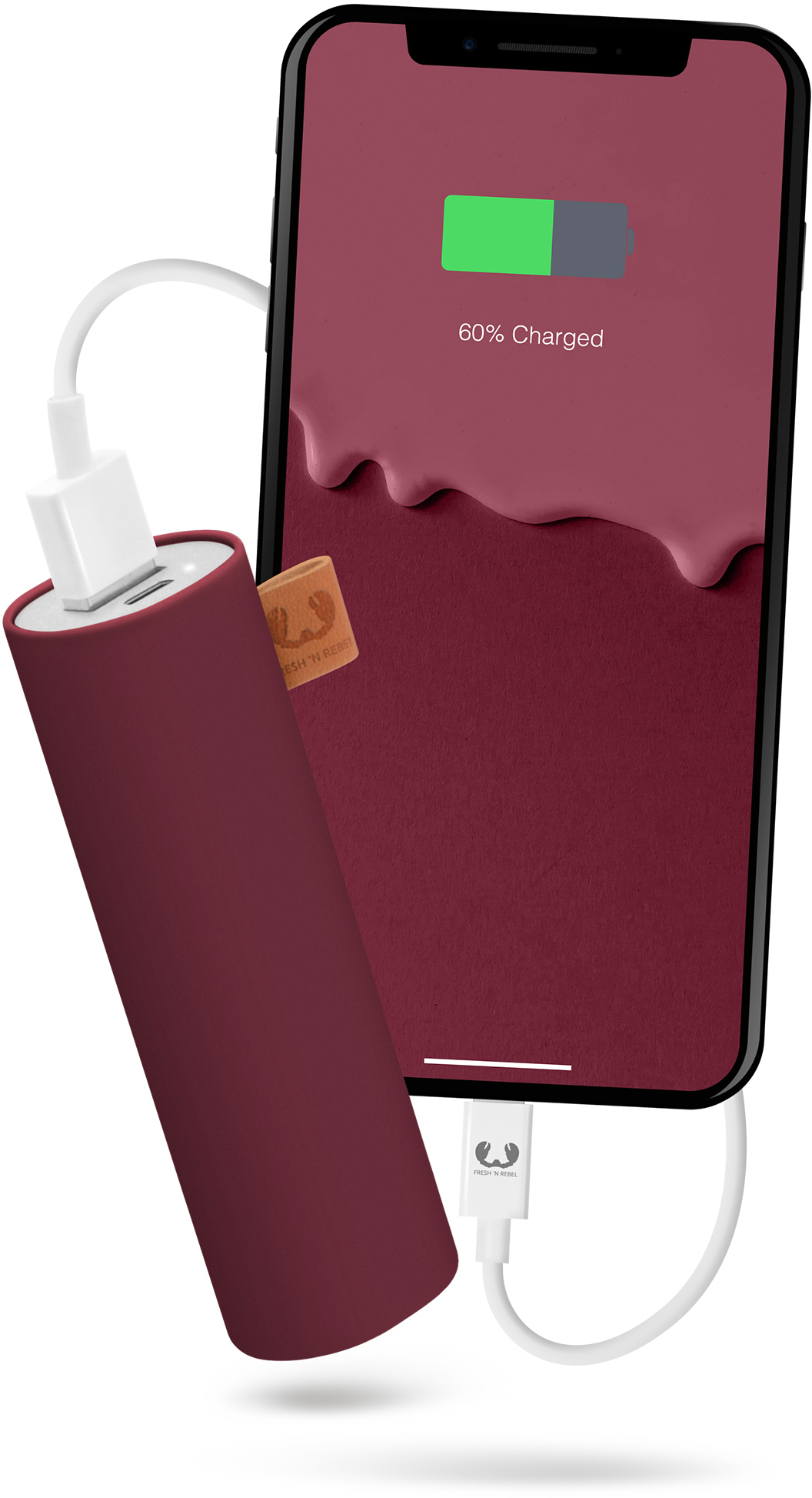 Ein weinrotes Telefon wird mit einer Powerbank aufgeladen. Telefon zeigt 60% geladen an. Weißer Hintergrund.