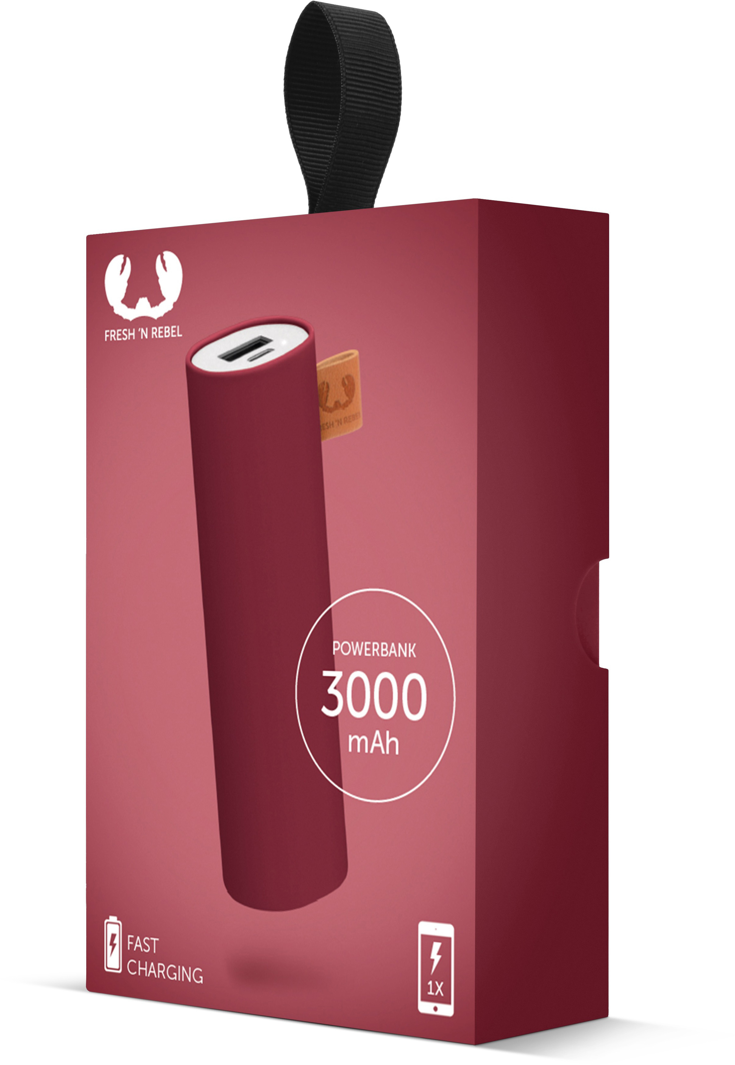 Eine rote Powerbank in einer roten Box mit USB-Anschluss und Text.