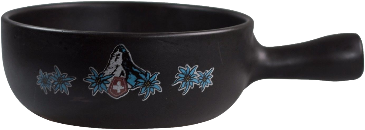 Bol en céramique noir avec anse. Drapeau suisse et fleurs d'Edelweiss.