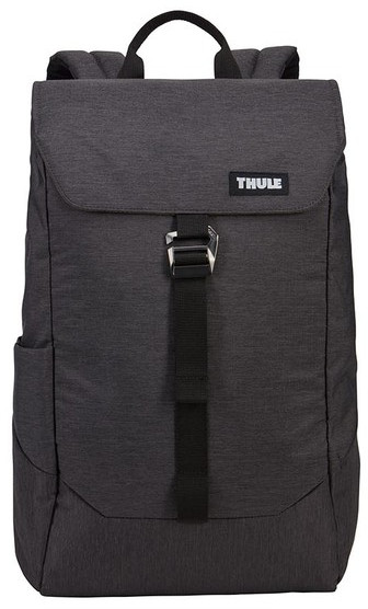 A dark grey backpack with a flap and a black strap. Thule logo on the front.