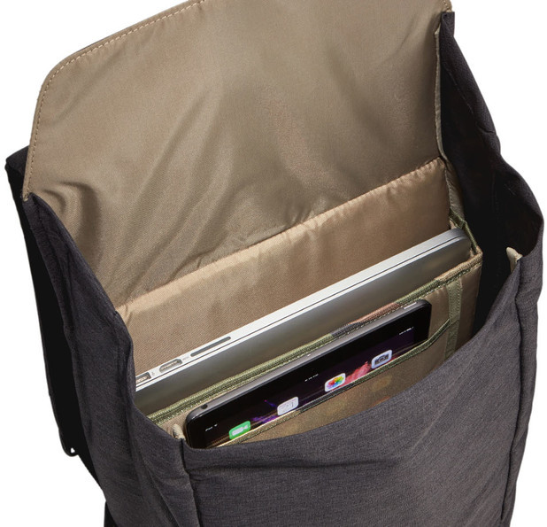 Black backpack open, laptop and phone inside. Beige lining. Dark grey exterior.