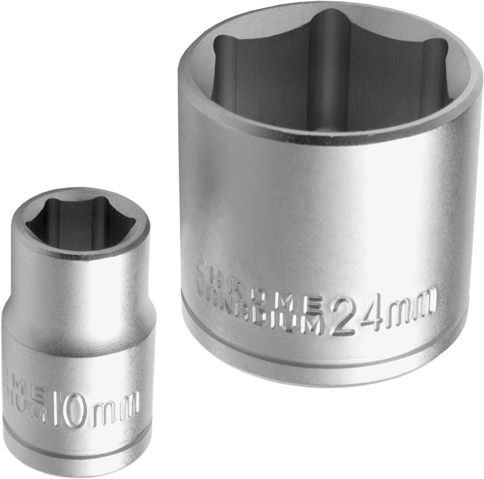 Két fém dugókulcs, egy 10 mm-es és egy 24 mm-es, a kulcshoz, fekete háttéren.
