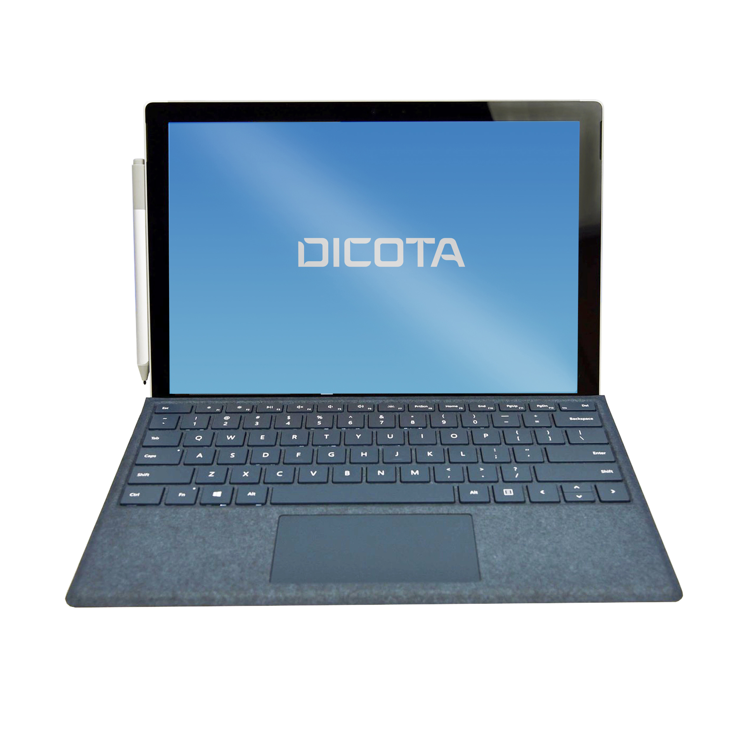 Ein Tablet-Laptop mit blauem Bildschirm, der das Wort DICOTA zeigt. Tastatur und Stift sind sichtbar.