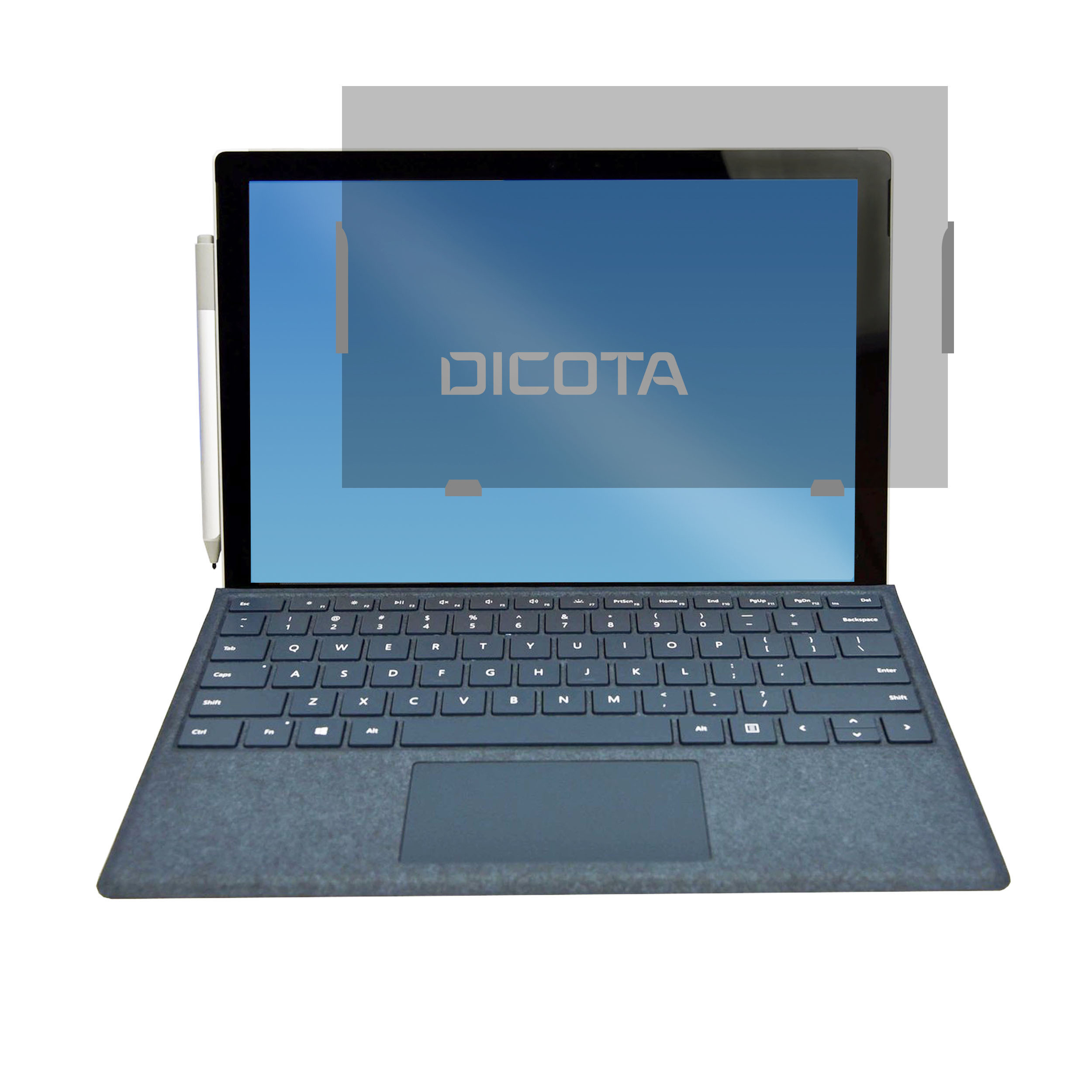 Ein schwarzer Laptop mit Tastatur, einem Bildschirm mit DICOTA-Logo und einem Stift links.