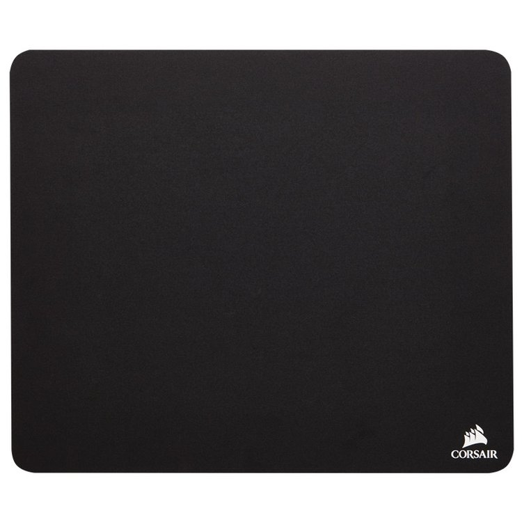 Zwarte muismat met een Corsair-logo in de rechterbenedenhoek. De muismat staat op een witte achtergrond.