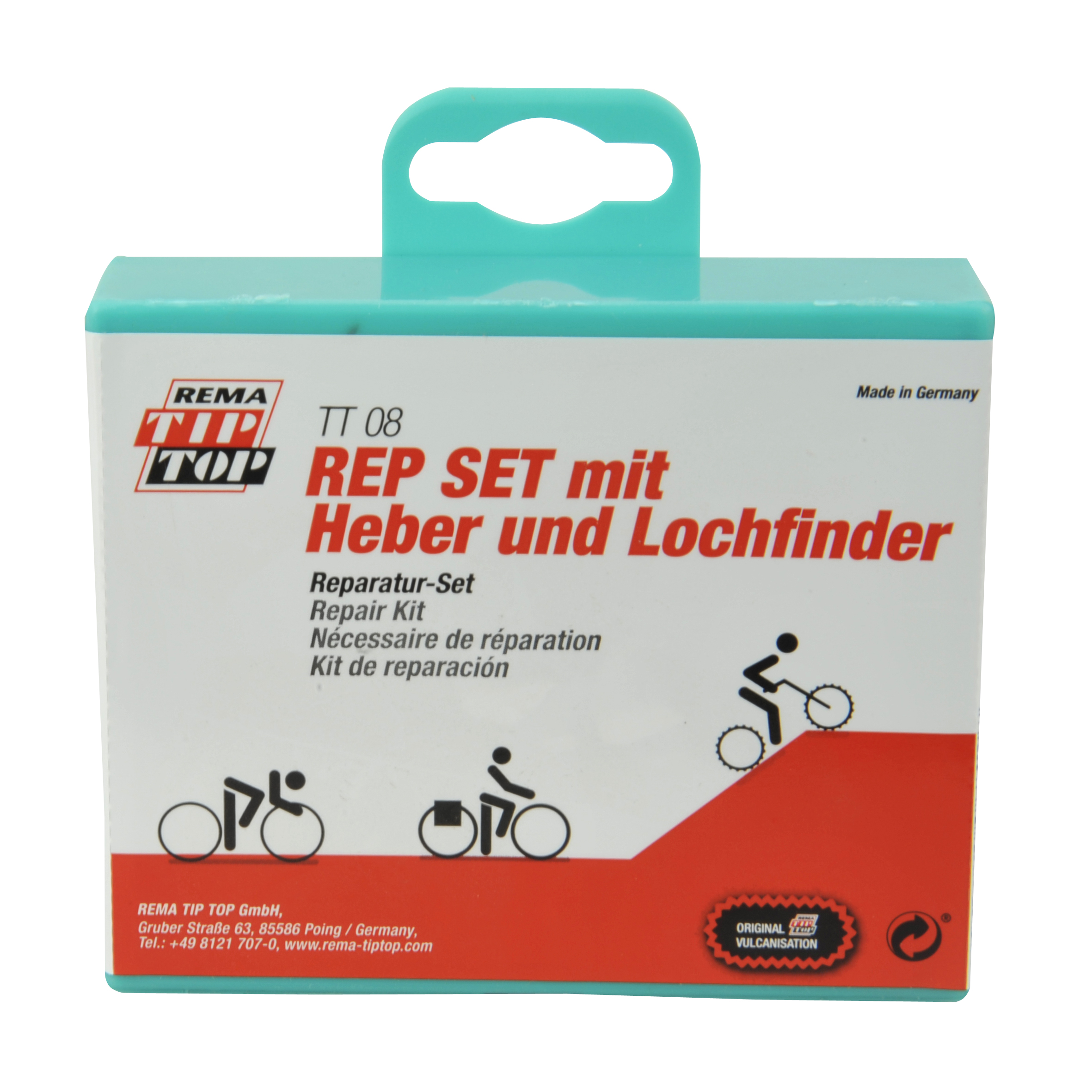 Schachtel eines Fahrradreparatur-Kits. Sie enthält Text in mehreren Sprachen mit einer Fahrradreparatur-Illustration.