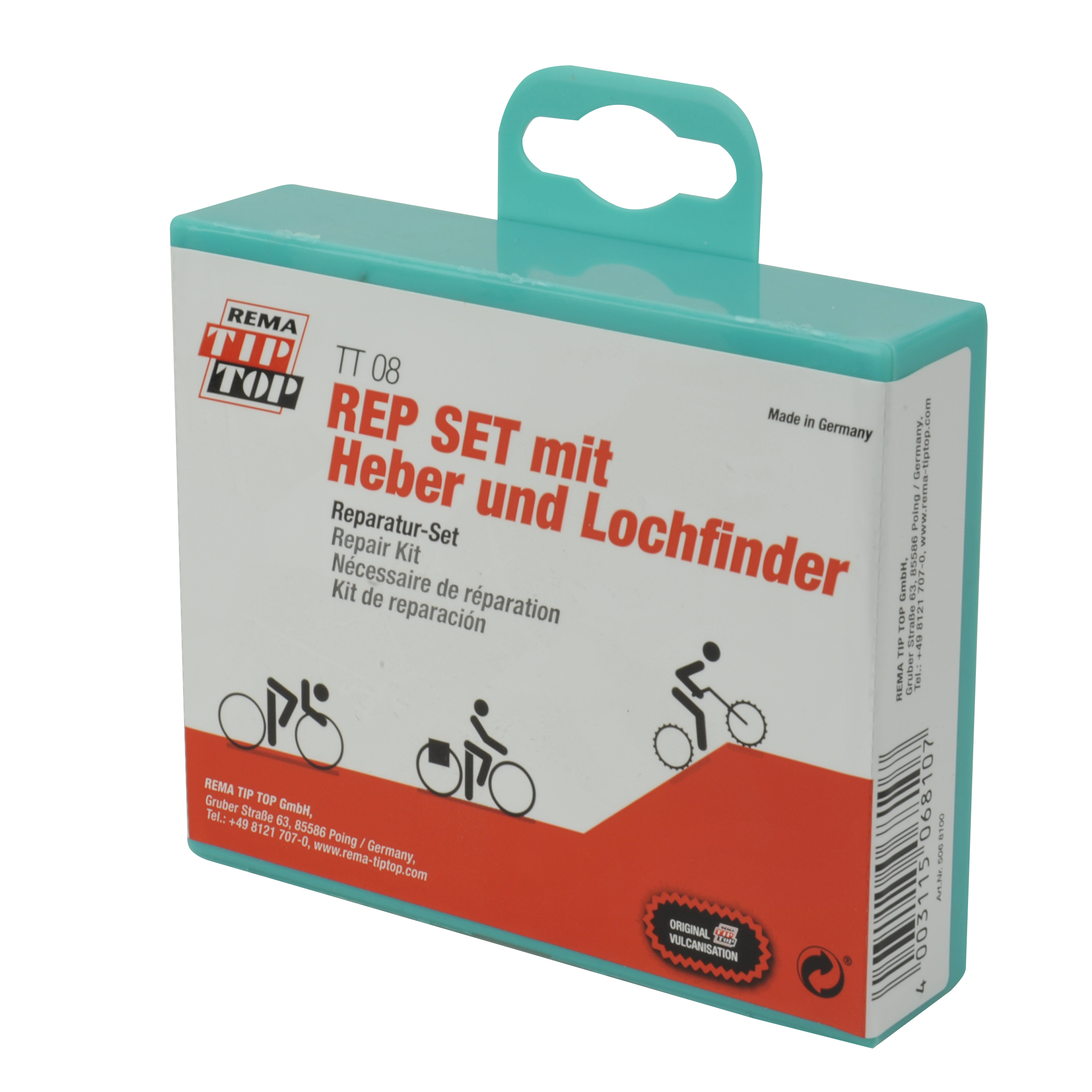 Eine Reparatur-Kit-Box mit Text und Zeichnungen von Fahrrädern. Es hat einen Griff.