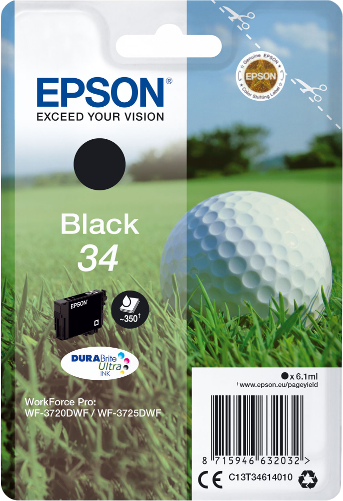 Emballage de cartouche d'encre Epson avec balle de golf sur herbe, encre noire.