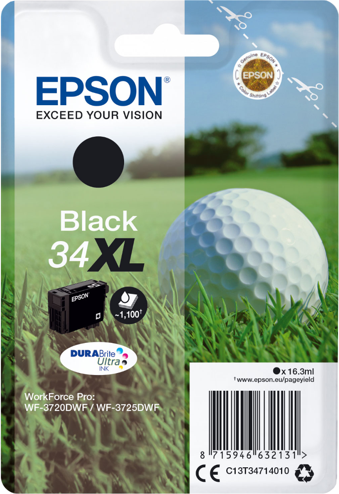 Une balle de golf à côté d'une cartouche d'encre Epson. La cartouche est noire, l'emballage vert.