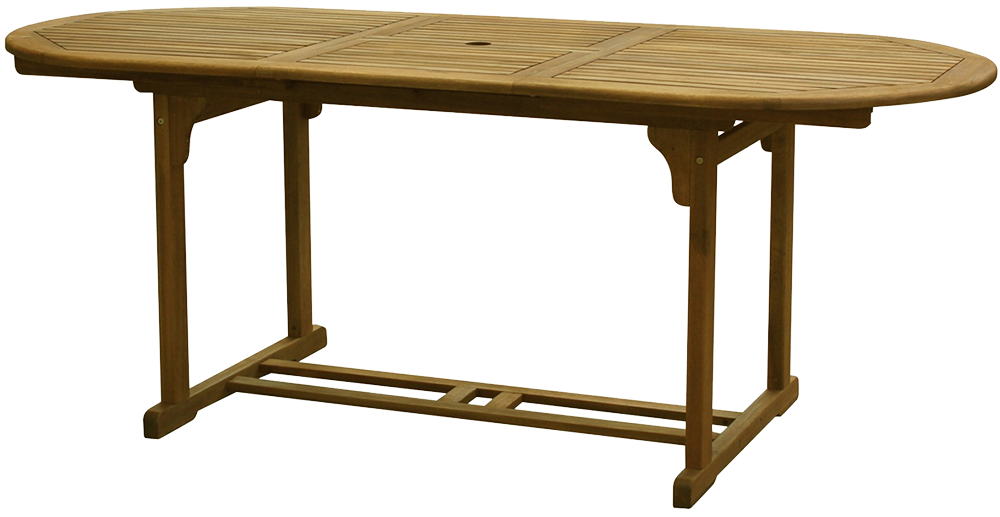 Egy fából készült, ovális asztal léces tetővel. Négy lába van, fekete háttér előtt.