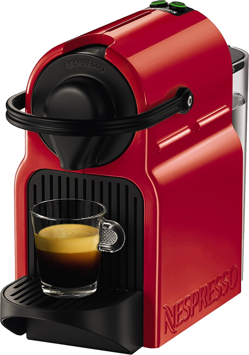 Rote Nespresso-Maschine mit einem Glas Espresso, schwarze Basis, weißer Hintergrund.