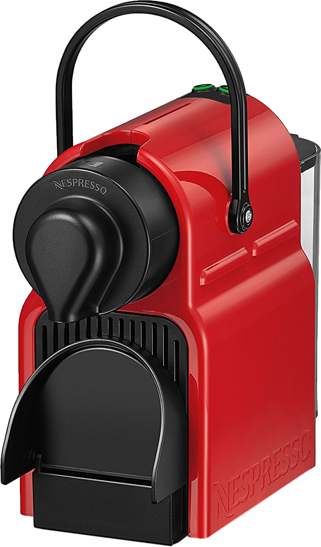 Rote Nespresso-Kaffeemaschine mit schwarzen Akzenten und Griff. Weißer Hintergrund.