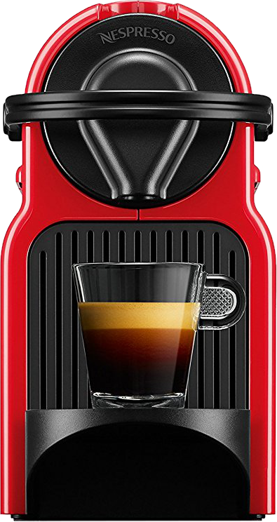 Rote Nespresso-Maschine mit einem Glas Kaffee. Schwarze Details. Ein Kaffeebecher ist im Glas.