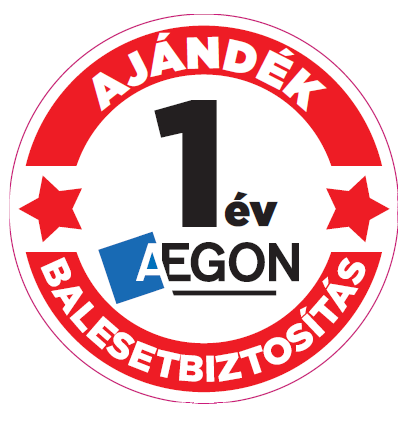 Piros-fehér kerek matrica magyar felirattal és egy kék négyzet az AEGON szóval.