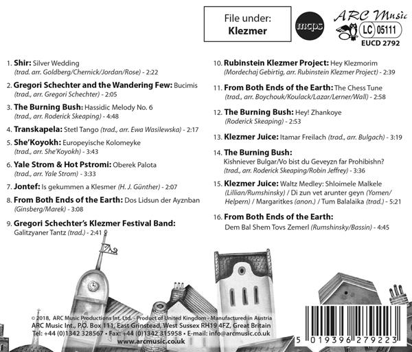 CD-Rückseite mit Titelliste und kleiner illustrierter Stadt.