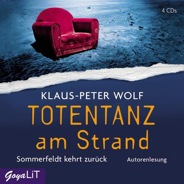 Buchcover. Ein roter Sessel am Strand, Fußabdrücke im Sand und der Titel: Totentanz am Strand.