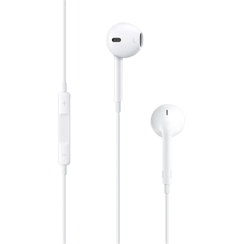 Weiße Apple-Kopfhörer mit integrierter Fernbedienung. Die Kopfhörer haben drei Teile und ein weißes Kabel.