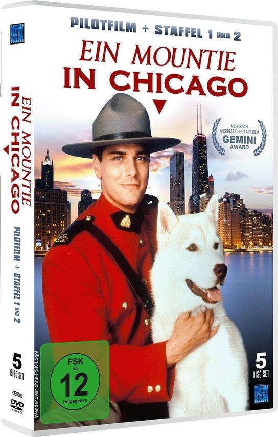 DVD-Hülle für einen Film mit Mann in Uniform, Hund und Chicago-Skyline im Hintergrund.