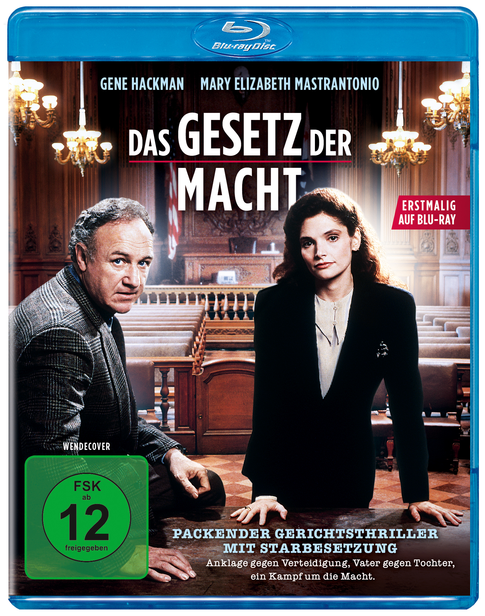 Filmcover mit Gene Hackman und Mary Elizabeth Mastrantonio in einer Gerichtsszene, mit deutschem Text.