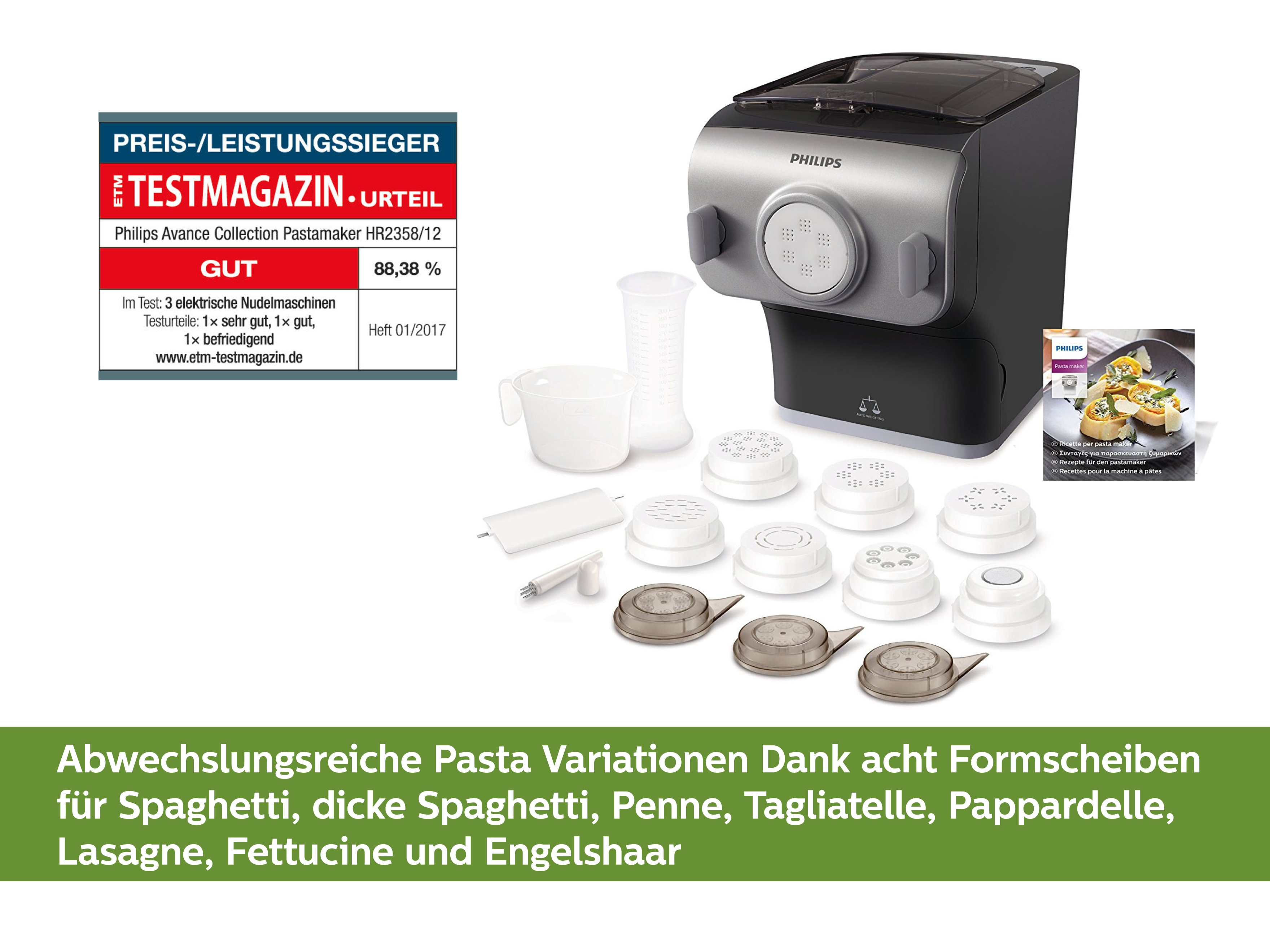 PHILIPS Pastamaker HR2358/12 für frische selbstgemachte Pasta in 10 Minuten, 8 Formen, Wiegefunktion
