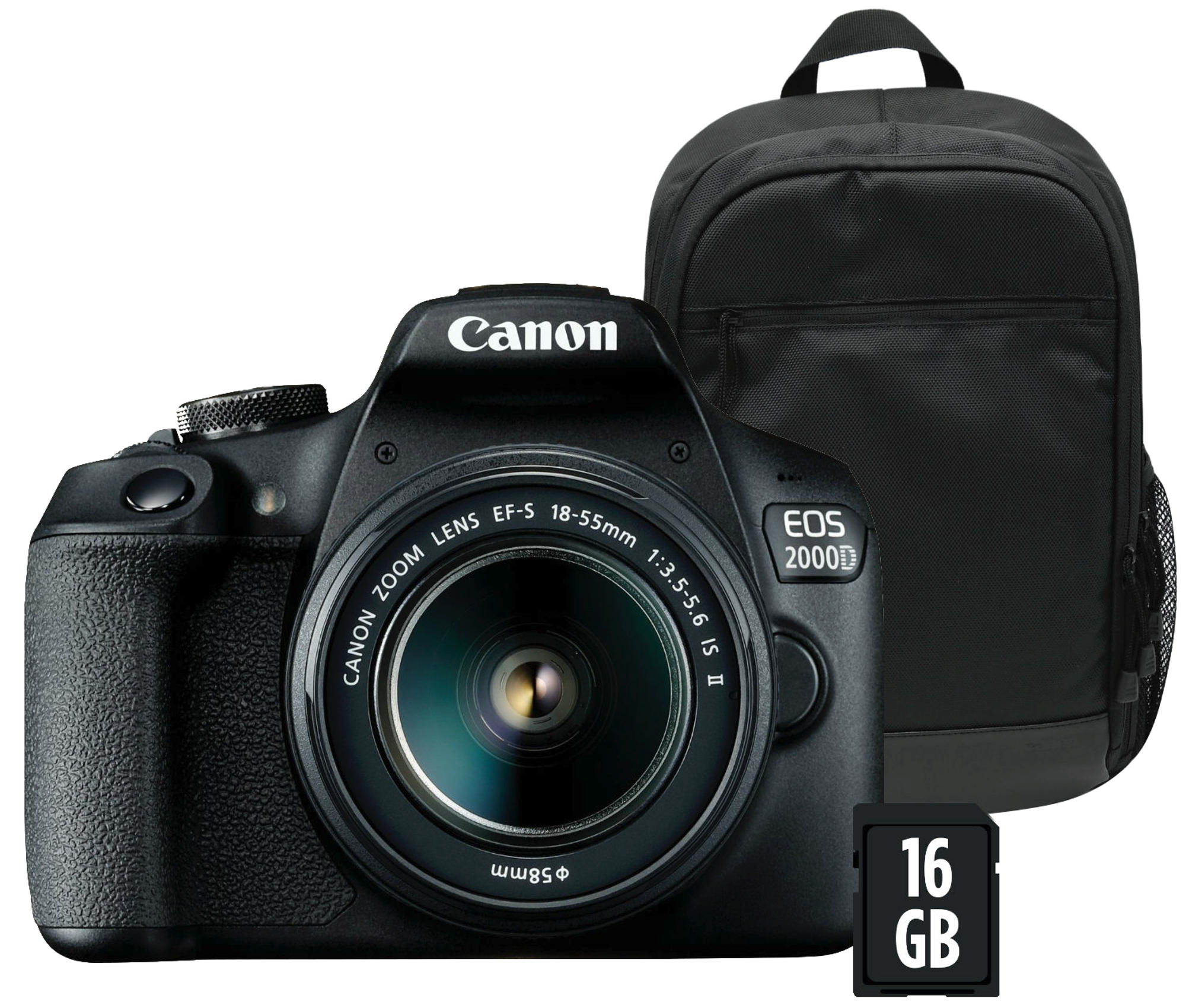 Cámara réflex - Canon KIT EOS 2000D + Objetivo 18-55 IS II + SD 16Gb + Funda, 24.1 MP, Video Full HD, Wifi