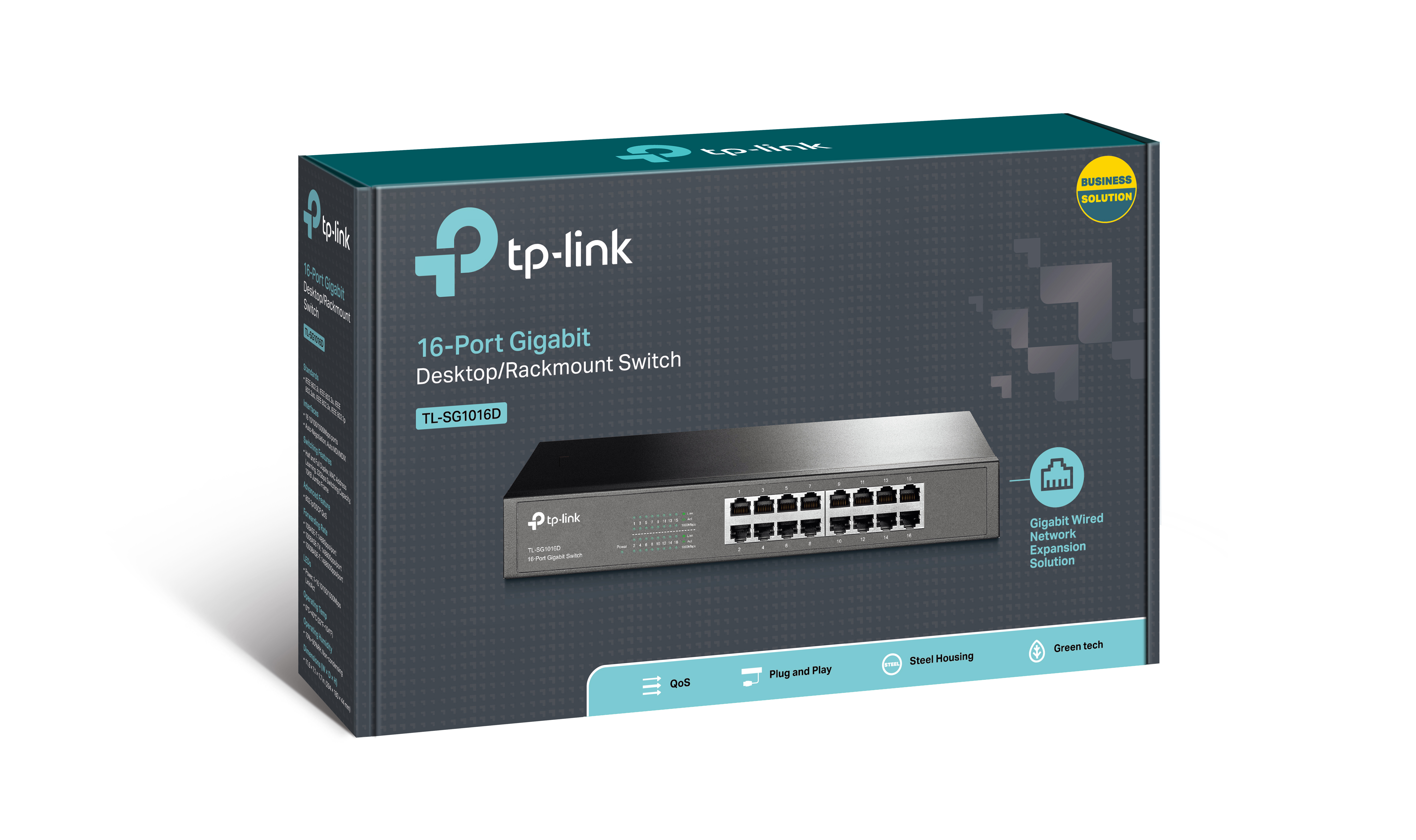 Ein TP-Link 16-Port Gigabit Netzwerk-Switch in seiner Box. Die Box ist dunkelgrau mit Logo.