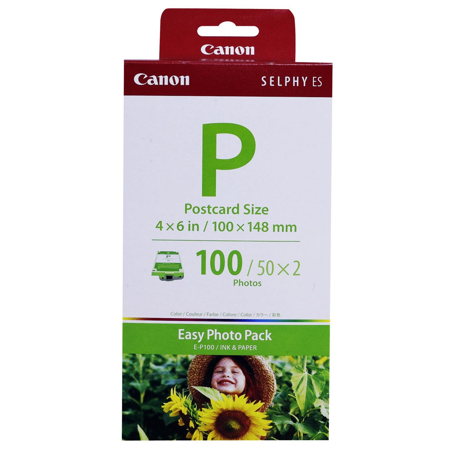 Canon Selphy ES Fotopapierpackung. Enthält ein großes 'P', Text und ein Foto eines Mädchens mit einer Sonnenblume.