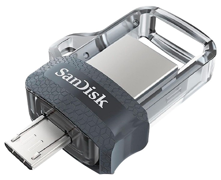 Ein schwarzer und grauer SanDisk USB-Stick mit Micro-USB- und Standard-USB-Anschluss wird gezeigt.