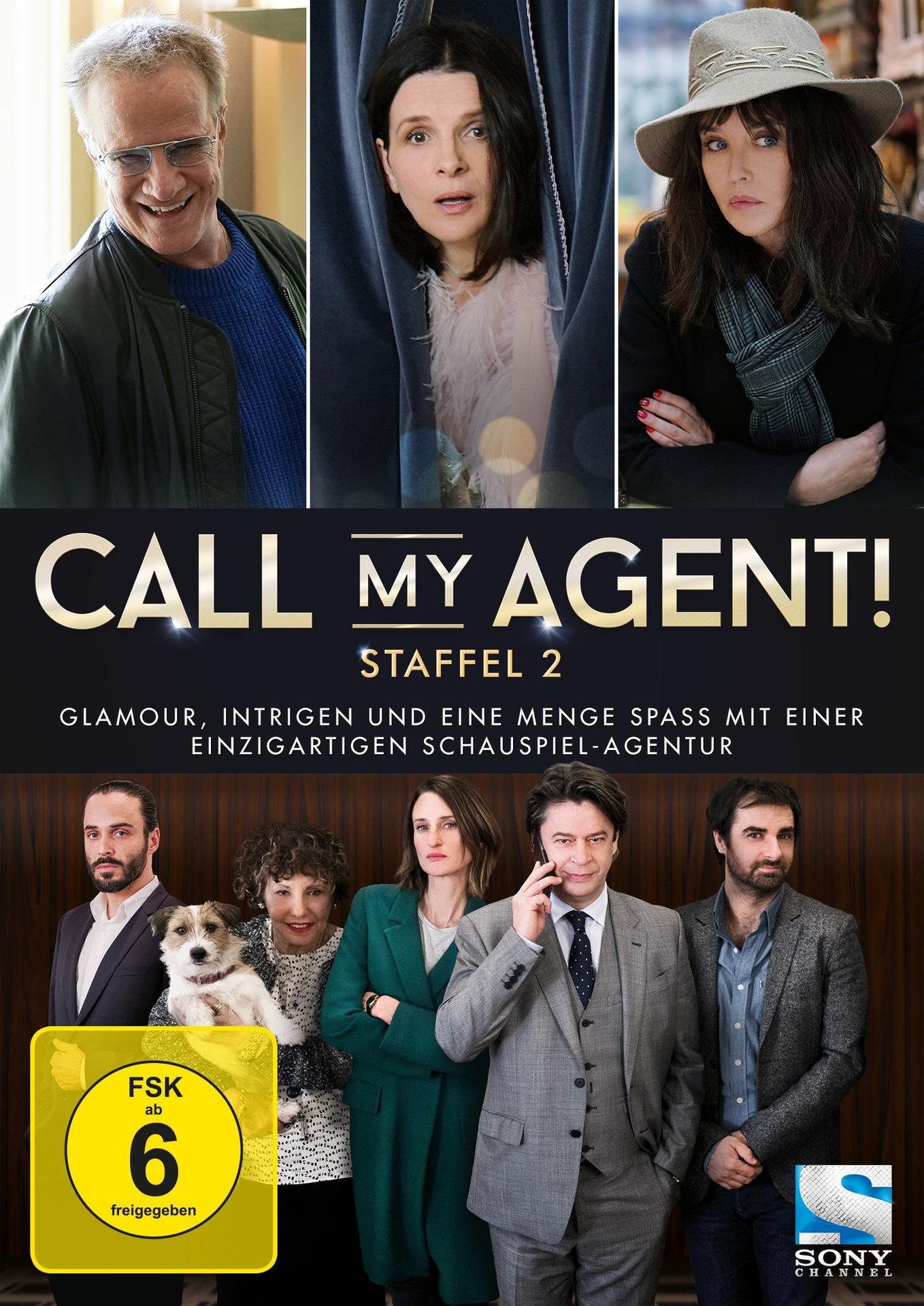 'Call My Agent'-Filmplakat. Gruppe von Schauspielern in einem Raum. Obere Hälfte hat Porträts von Schauspielern. Titel in der Mitte.