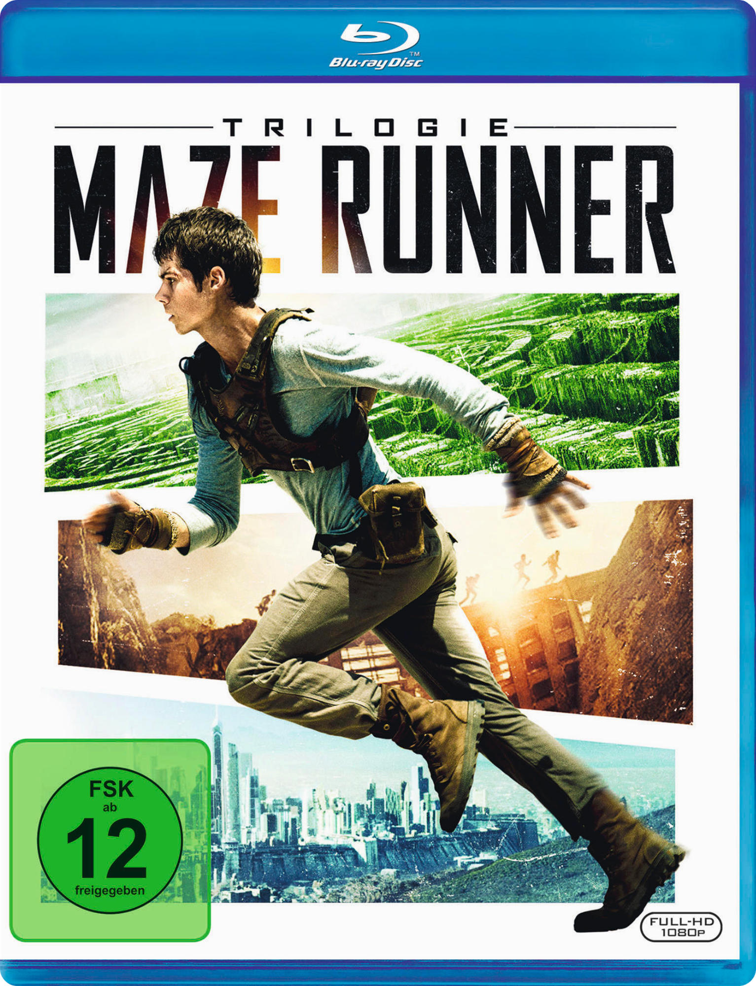 DVD-Cover, Film mit dem Titel Maze Runner, mit einem Mann, der durch ein Labyrinth rennt.