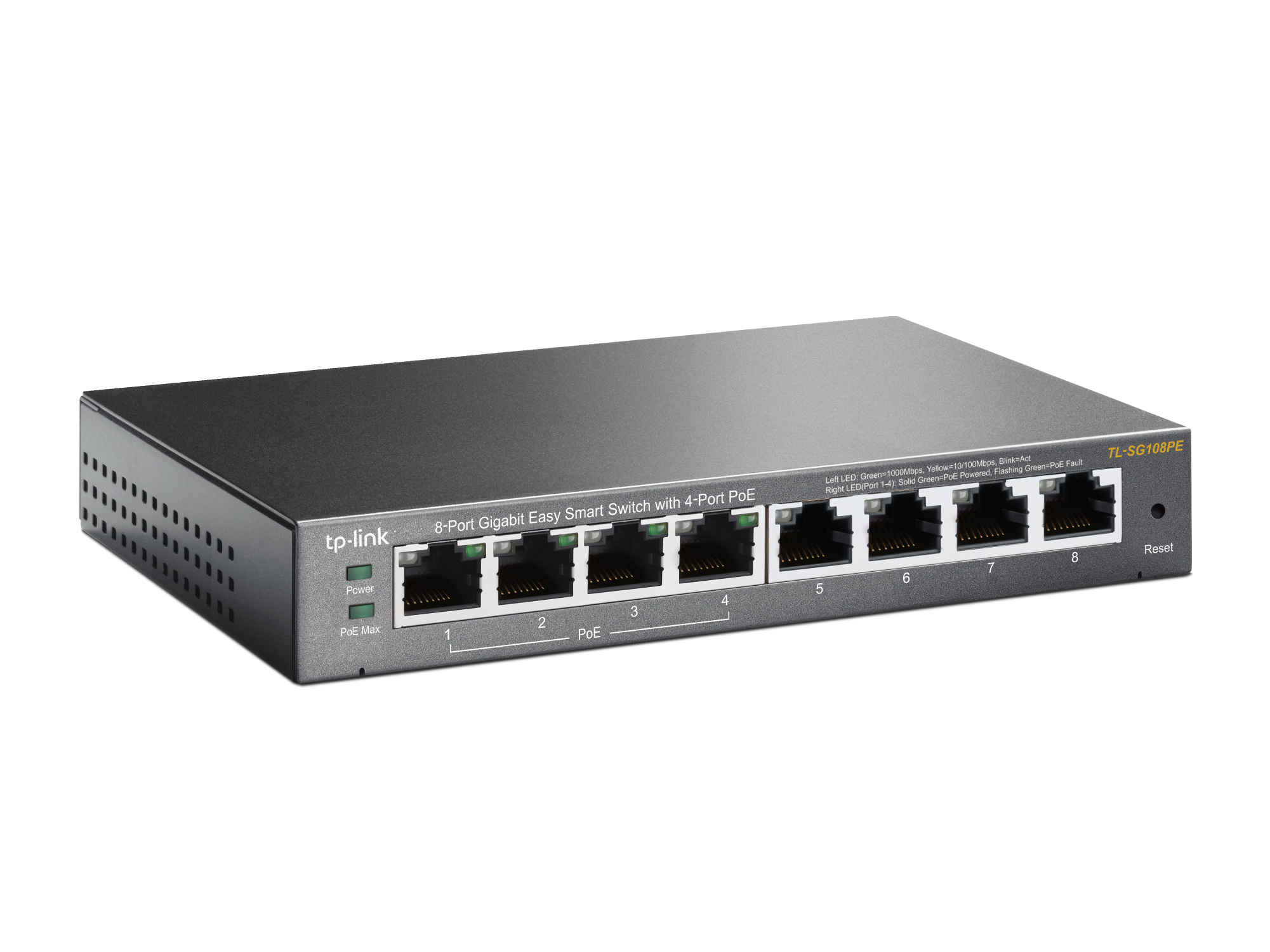 Schwarzer 8-Port Gigabit Easy Smart Switch mit PoE. Die Ports 1-4 sind PoE. Hat Strom- und PoE-Max-Anzeigen.