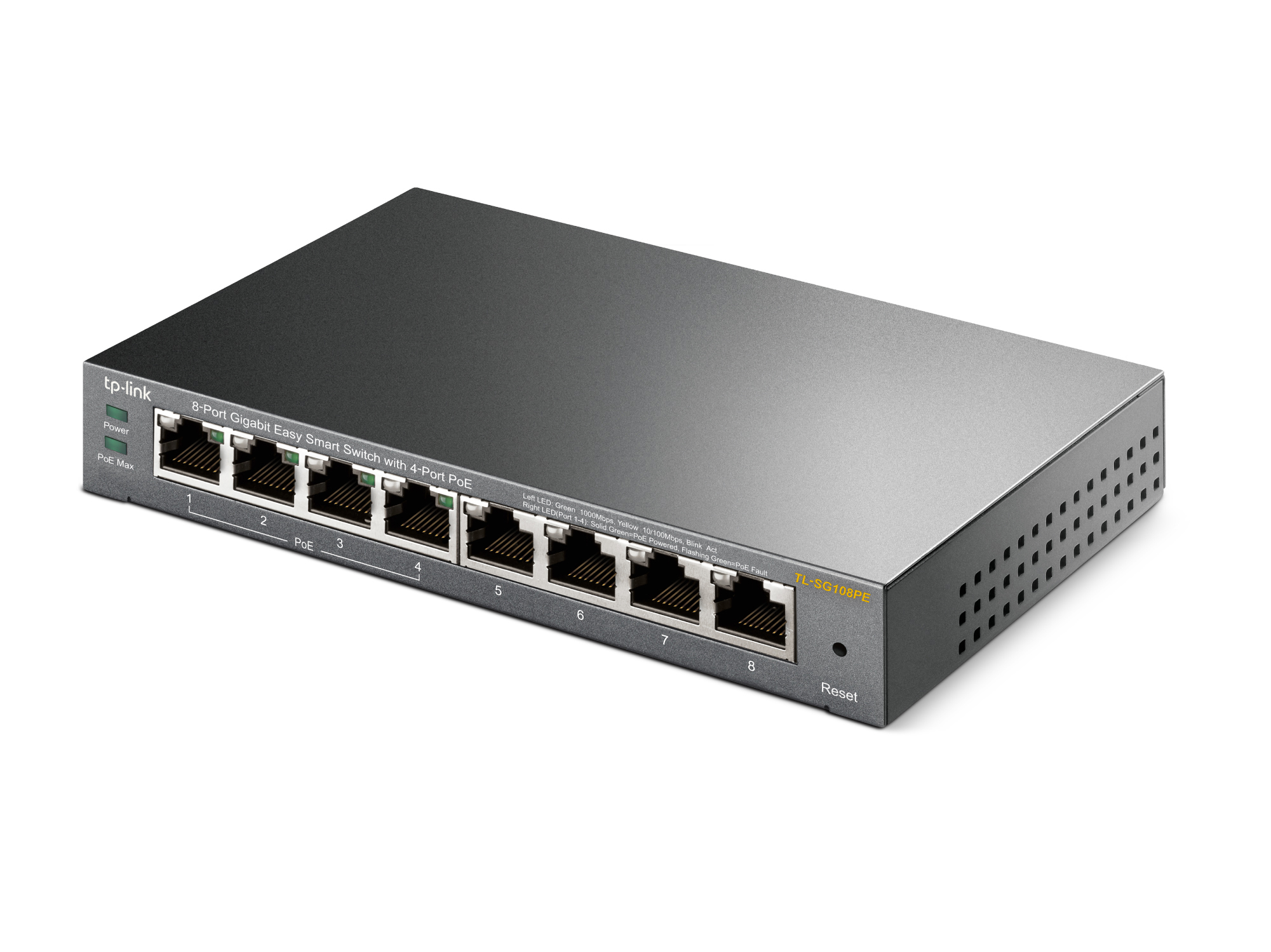 Ein schwarzer und grauer Netzwerk-Switch mit acht Ports, beschriftet und nummeriert.