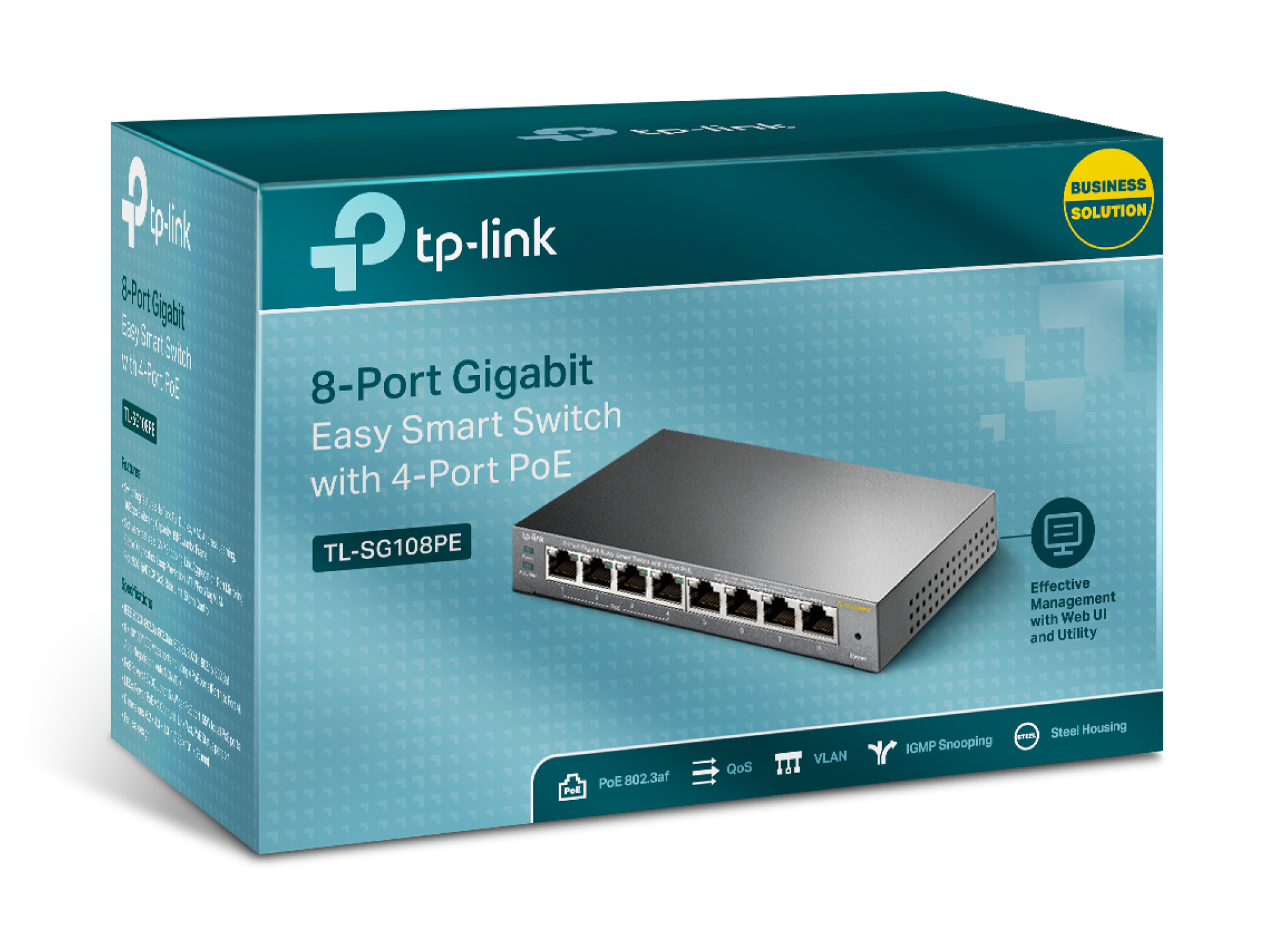 Eine Box für einen TP-Link 8-Port Gigabit Easy Smart Switch mit 4-Port PoE, mit Text.