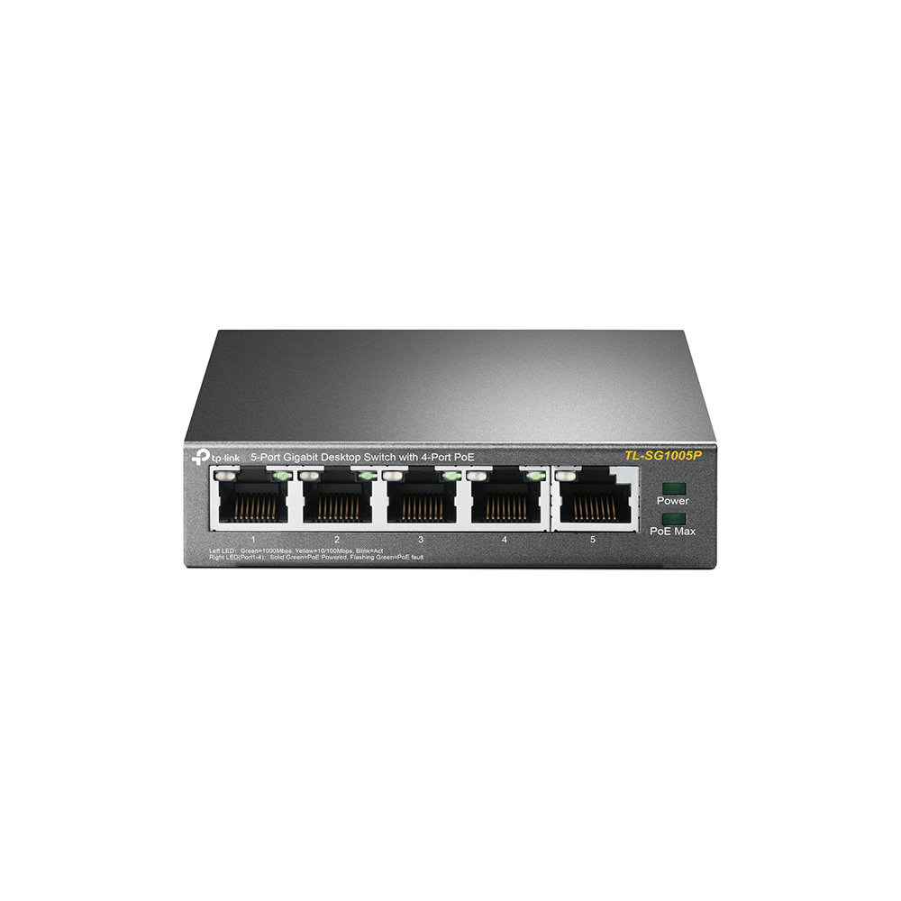Schwarzer TP-Link 5-Port Gigabit-Switch mit 4 PoE-Ports. Vorderansicht mit Anschlüssen und Anzeigen.