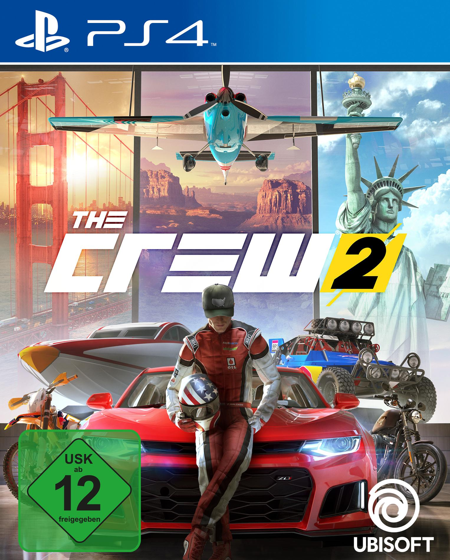 Das Cover von The Crew 2. Zeigt ein Rennauto, ein Flugzeug, ein Boot und die Freiheitsstatue.