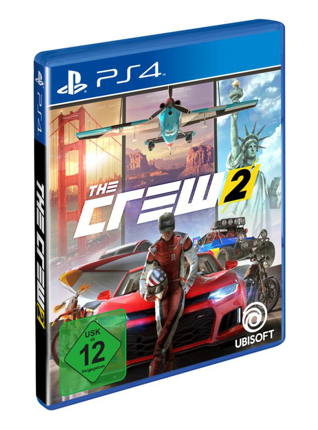 PS4-Spielhülle für The Crew 2, mit einem Auto und einem Flugzeug auf dem Cover.