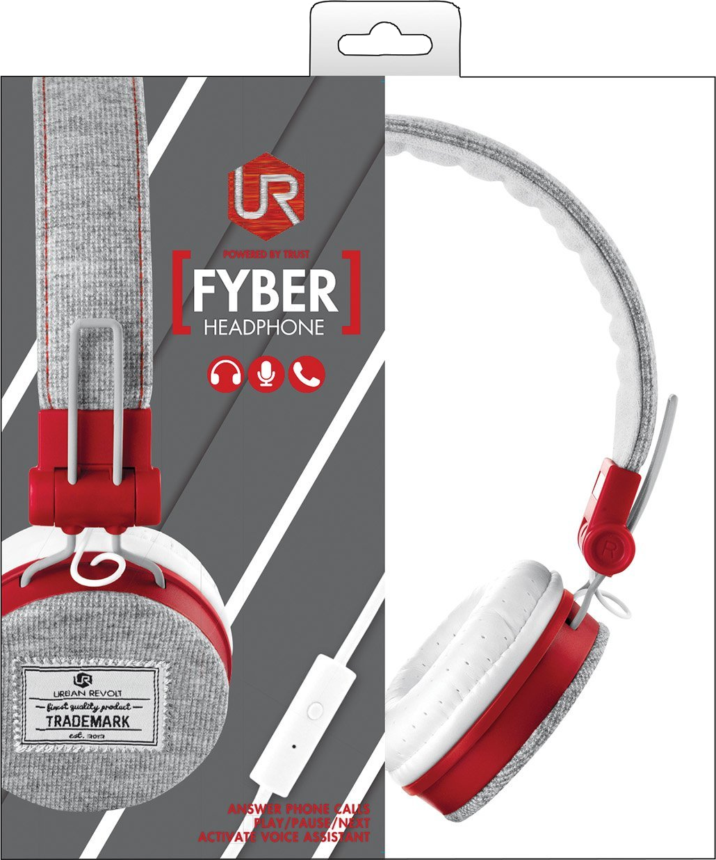 Fejhallgató doboz piros és szürke fejhallgatókkal. A szöveg a 'FYBER HEADPHONE' és 'URBAN REVOLT' feliratot tartalmazza.