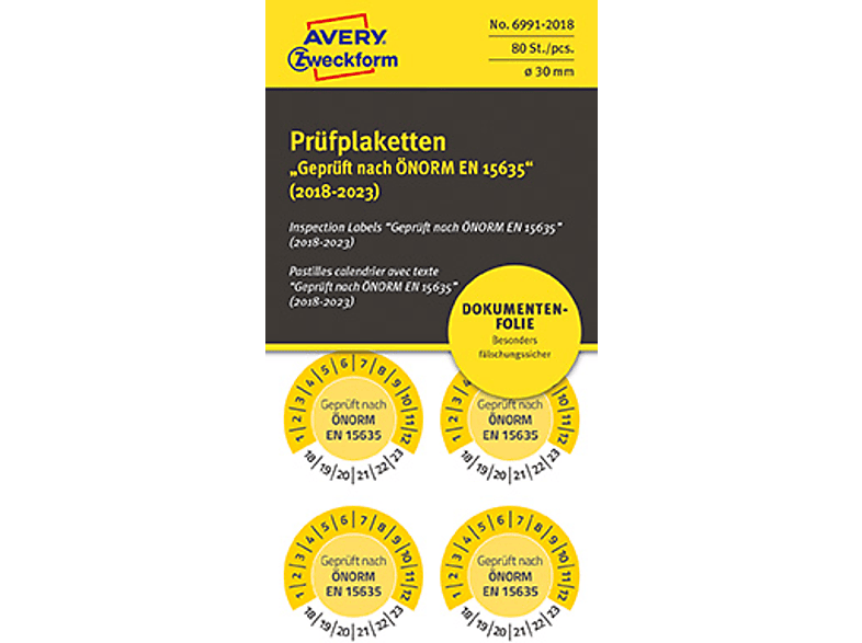 AVERY ZWECKFORM 6991-2018 PRÜFPL ÖNORM EN15635 18-23 NOPEEL Ø30 GB