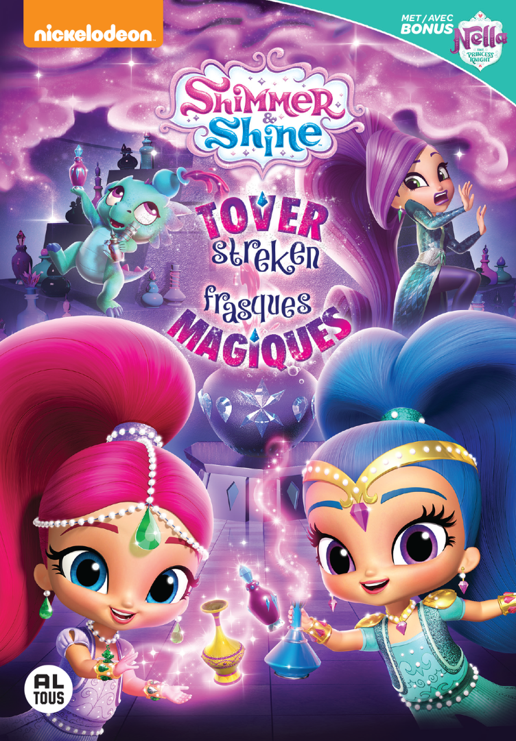 DVD-hoes van de tekenfilm Shimmer and Shine met twee djinn's en een draak.