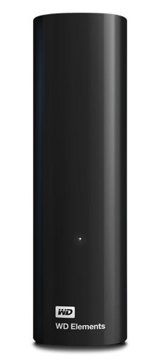 Siyah, silindirik WD Elements harici sabit disk. Beyaz LED göstergesi görünür.