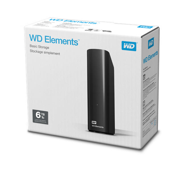 İçinde siyah bir WD Elements sabit disk bulunan beyaz bir kutu. Kutuda metin var.