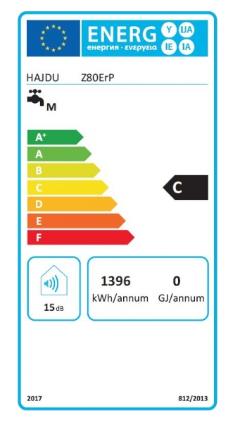 Energia címke HAJDU Z80Erp-vel. C energia besorolást mutat. Hangszintet és kWh-fogyasztást jelenít meg.