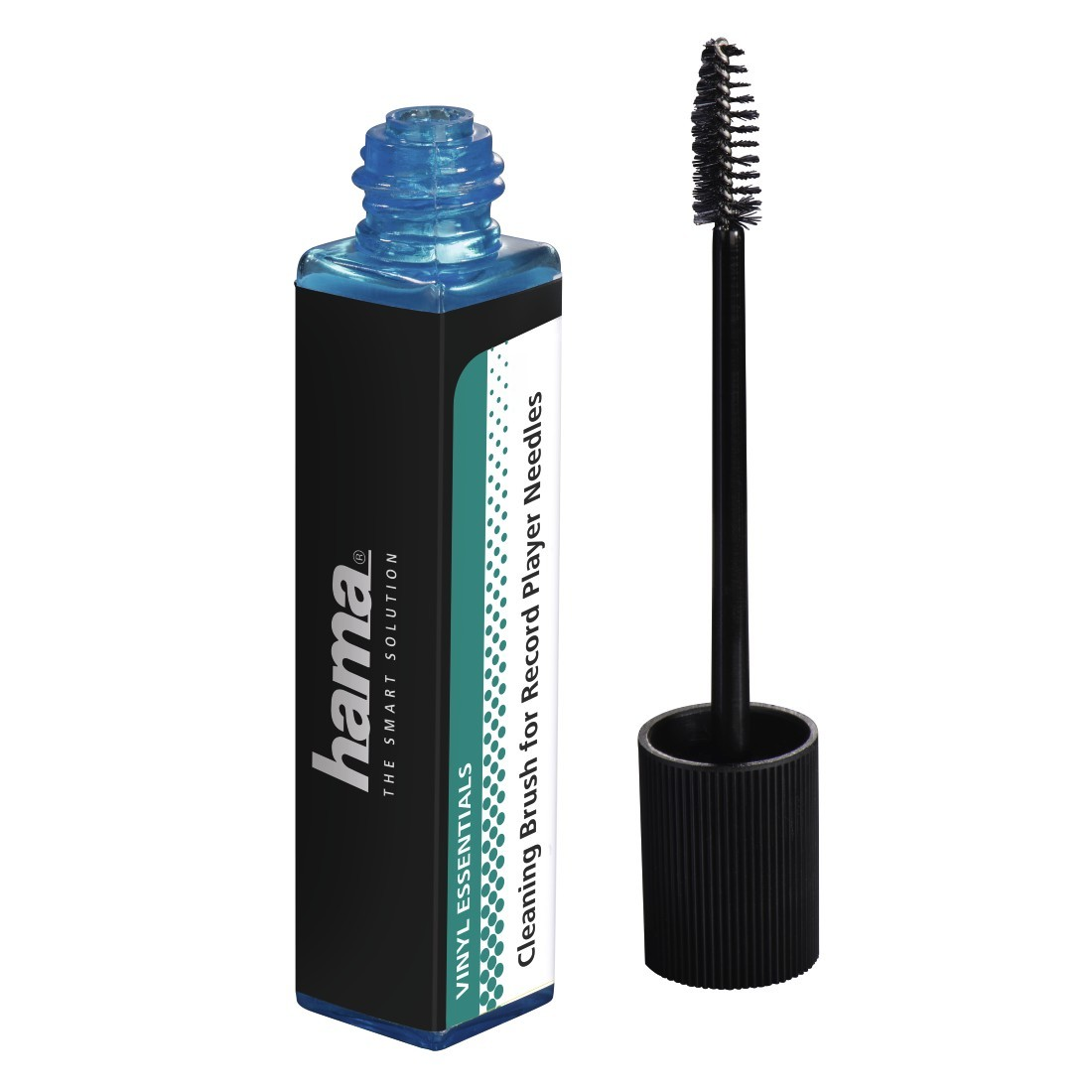 Une bouteille noire et bleue avec une brosse pour nettoyer les aiguilles de platine.